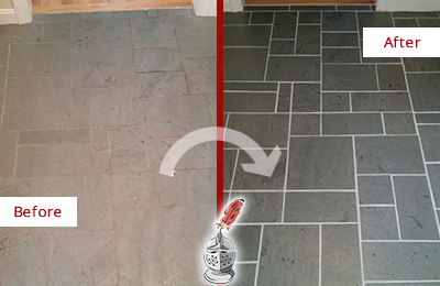 Before and After Picture of a Bowie Slate Floor Cleaned to Remove Deep-Seated Dirt