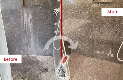Sir Grout Cleans this Bowie Granite Shower to Remove Mineral Deposits Before and After Picture of a Bowie Granite Shower Cleaned to Remove Mineral Deposits