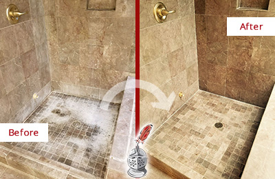 Sir Grout Cleans this Bowie Travertine Shower to Eliminate Water Spots Before and After Picture of a Bowie Travertine Shower Cleaned to Eliminate Water Spots
