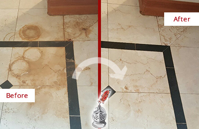 Before and After Picture of a Bowie Marble Floor Cleaned to Eliminate Rust Stains