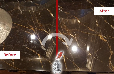 Before and After Picture of a Bowie Marble Countertop Cleaned to Remove Water Spots