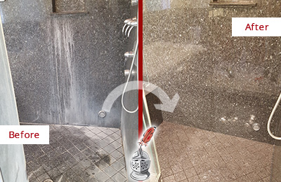 Before and After Picture of a Bowie Granite Shower Stone Sealed to Avoid Mineral Deposits