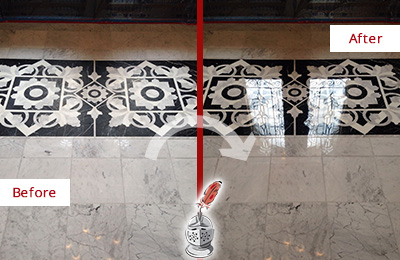 Sir Grout Seals the Stone of this Bowie Marble Floor to Recover Its Sheen Before and After Picture of a Bowie Marble Stone Sealed to Recover Its Sheen