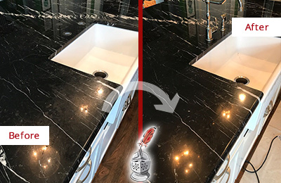 Before and After Picture of a Bowie Marble Kitchen Countertop Stone Sealed to Avoid Water Damage