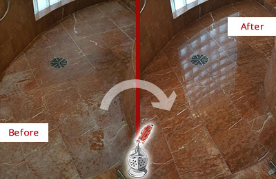 Before and After Picture of Damaged Bowie Marble Floor with Sealed Stone