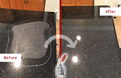 Before and After Picture of a Bowie Granite Kitchen Countertop Honed to Eliminate Scratch