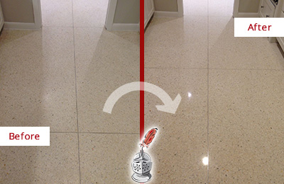 Sir Grout Hones this Dull Bowie Granite Floor to Recover Its Sheen Before and After Picture of a Dull Bowie Granite Floor Honed to Recover Its Sheen