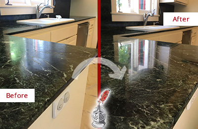Before and After Picture of a Bowie Marble Kitchen Countertop Honed to Remove Water Marks