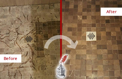 Before and After Picture of a Bowie Marble Shower Honed to Remove Etching
