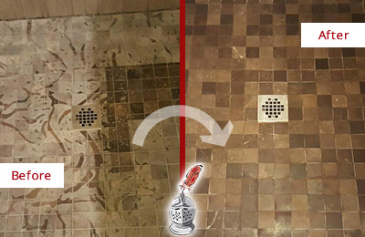 Sir Grout Hones this Bowie Marble Shower to Remove Etching Before and After Picture of a Bowie Marble Shower Honed to Remove Etching