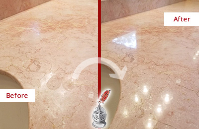Before and After Picture of a Bowie Marble Vanity Top Honed to Eliminate Water Spots