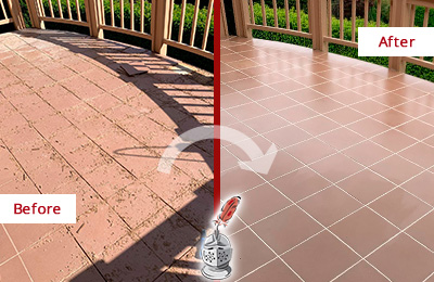 Before and After Picture of a Harwood Hard Surface Restoration Service on a Tiled Deck