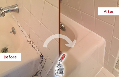 Before and After Picture of a Harwood Hard Surface Restoration Service on a Tile Shower to Repair Damaged Caulking