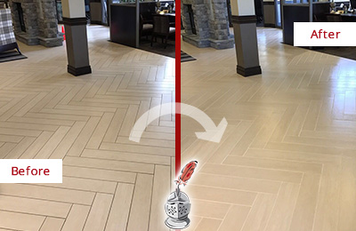 Before and After Picture of a Harwood Hard Surface Restoration Service on an Office Lobby Tile Floor to Remove Embedded Dirt