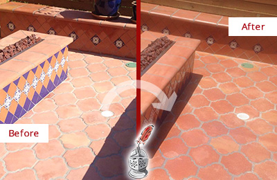 Before and After Picture of a Harwood Hard Surface Restoration Service on a Dull Terracotta Patio Floor to Recover Its Color