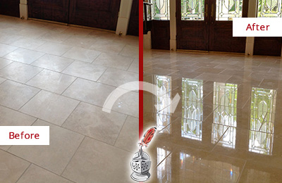 Before and After Picture of a Harwood Hard Surface Restoration Service on a Dull Travertine Floor Polished to Recover Its Splendor