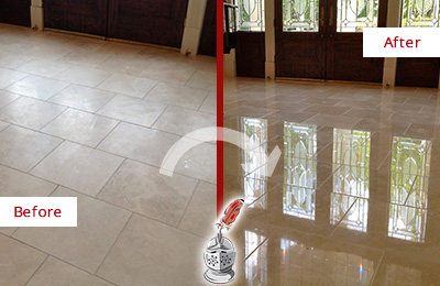 Sir Grout Restored This Severna Park Dull Travertine Floor to Recover Its Splendor with a Stone Polishing Service Before and After Picture of a Severna Park Hard Surface Restoration Service on a Dull Travertine Floor Polished to Recover Its Splendor