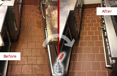 Before and After Picture of a Harwood Hard Surface Restoration Service on a Restaurant Kitchen Floor to Eliminate Soil and Grease Build-Up