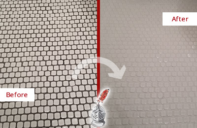 Before and After Picture of a Harwood Hard Surface Restoration Service on a Bathroom Tile Floor Recolored to Fix Grout Color