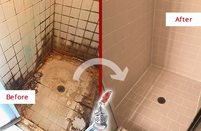 Before and After Picture of a Harwood Hard Surface Restoration Service on a Tile Bathroom to Repair Water Damage