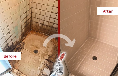 Sir Grout Restored This Severna Park Tile Bathroom to Repair Water Damage Before and After Picture of a Severna Park Hard Surface Restoration Service on a Tile Bathroom to Repair Water Damage