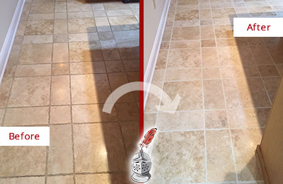 Sir Grout Cleans this Bowie Kitchen Floor's Grout to Recover Its Color Before and After Picture of Bowie Kitchen Floor Grout Cleaned to Recover Its Color