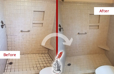 Sir Grout Cleans the Grout on this Bowie Moldy Shower Before and After Picture of a Bowie Shower Grout Cleaned to Remove Mold
