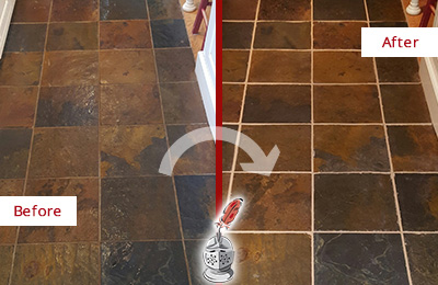 Sir Grout Cleans the Grout on this Bowie Slate Floor Before and After Picture of Bowie Slate Floor Grout Cleaned to Remove Dirt