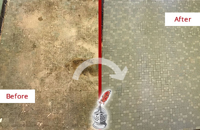 Sir Grout Cleans this Bowie Mosaic Shower Cleaned to Eliminate Embedded Dirt Before and After Picture of a Bowie Mosaic Shower Cleaned to Eliminate Embedded Dirt