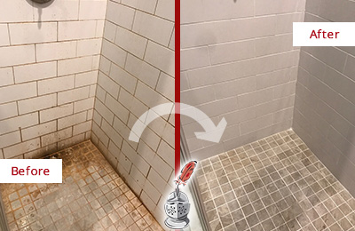Before and After Picture of a Bowie Ceramic Shower Cleaned to Eliminate Rust Stains