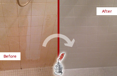 Before and After Picture of a Bowie Porcelaine Shower Cleaned to Remove Soap Scum